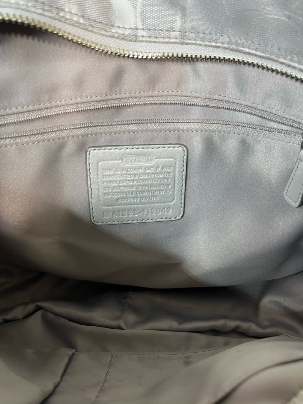 Coach Circle Patchwork East West Tote in a gray and cream color scheme - Picture 7 of 7